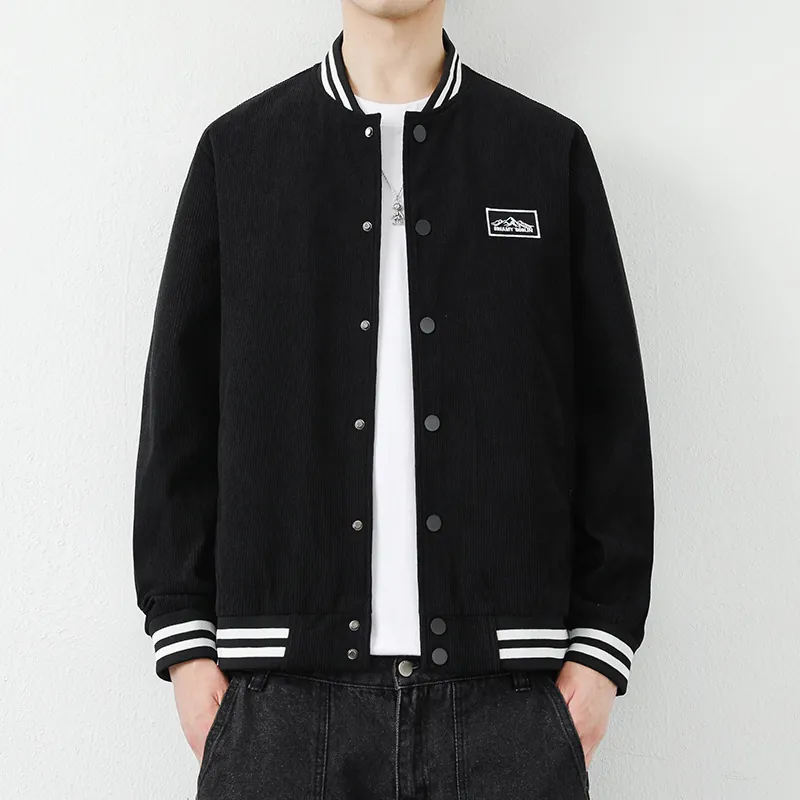 Men's Polyester Corduroy Varsity Jacket Korean Casual Loose Fit Baseball Uniform With Mountain Patch Snap Button Outwear