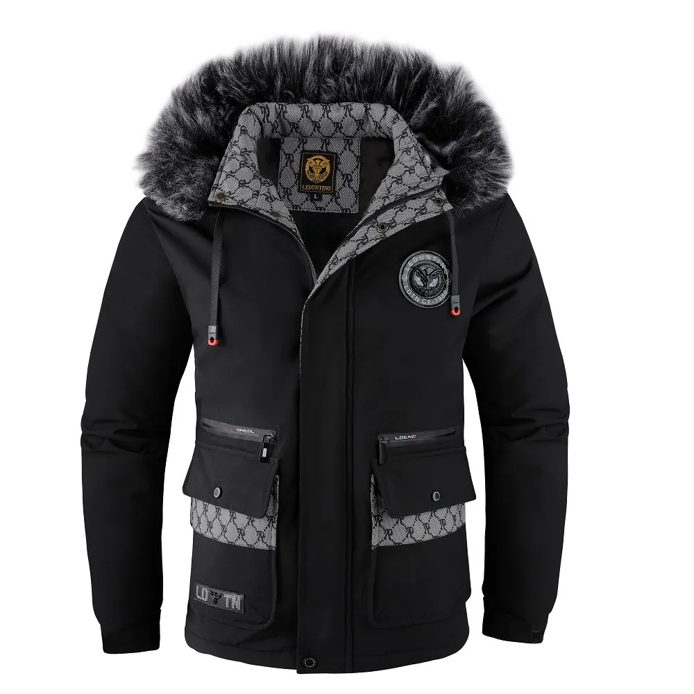 Men Winter Parka Coat Large Faux Fur Collar Polyester Fleece Lined Thickened Cotton Jacket Hooded Windproof Casual Overcoat