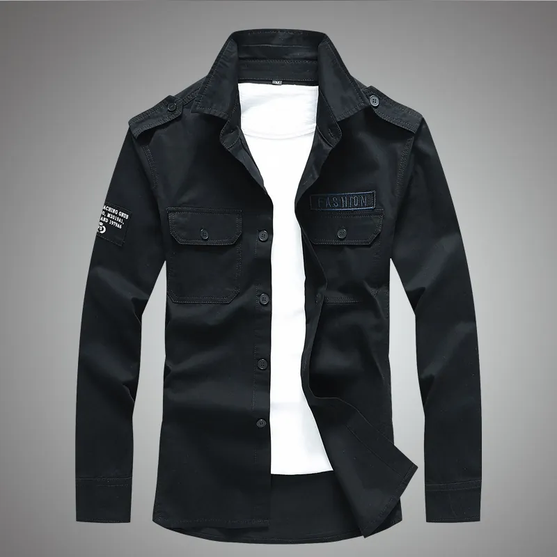 Men's 100% Cotton Long Sleeve Cargo Shirt Casual Military Style Solid Color Button Down Top With Pockets For Spring Autumn