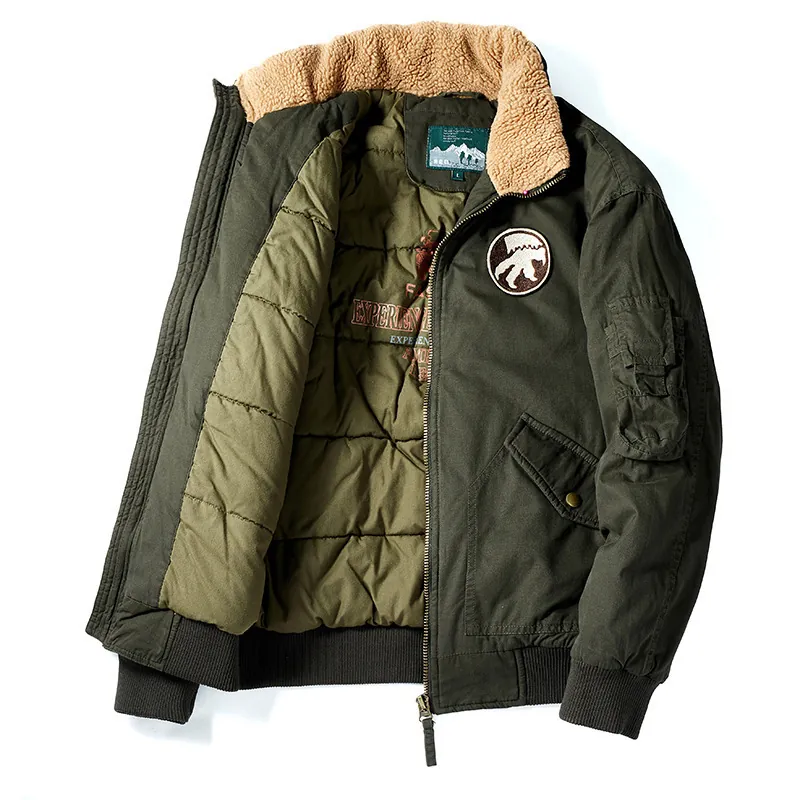 Men Bomber Jacket Cotton Outer Polyester Filling Sherpa Collar Winter Coat Loose Fit Cargo Style Flight Padded Jacket For Men