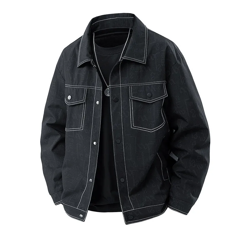 Men's Casual Workwear Jacket With Contrast Stitching Monogram Pattern Trendy Turn-Down Collar Single Breasted Outwear Stylish Coat