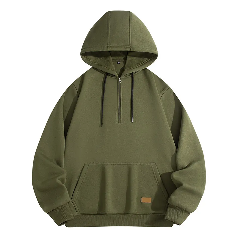 Men's Half Zip Hoodie Solid Color Polyester Fleece Hooded Sweatshirt With Kangaroo Pocket Casual Long Sleeve Pullover Tops