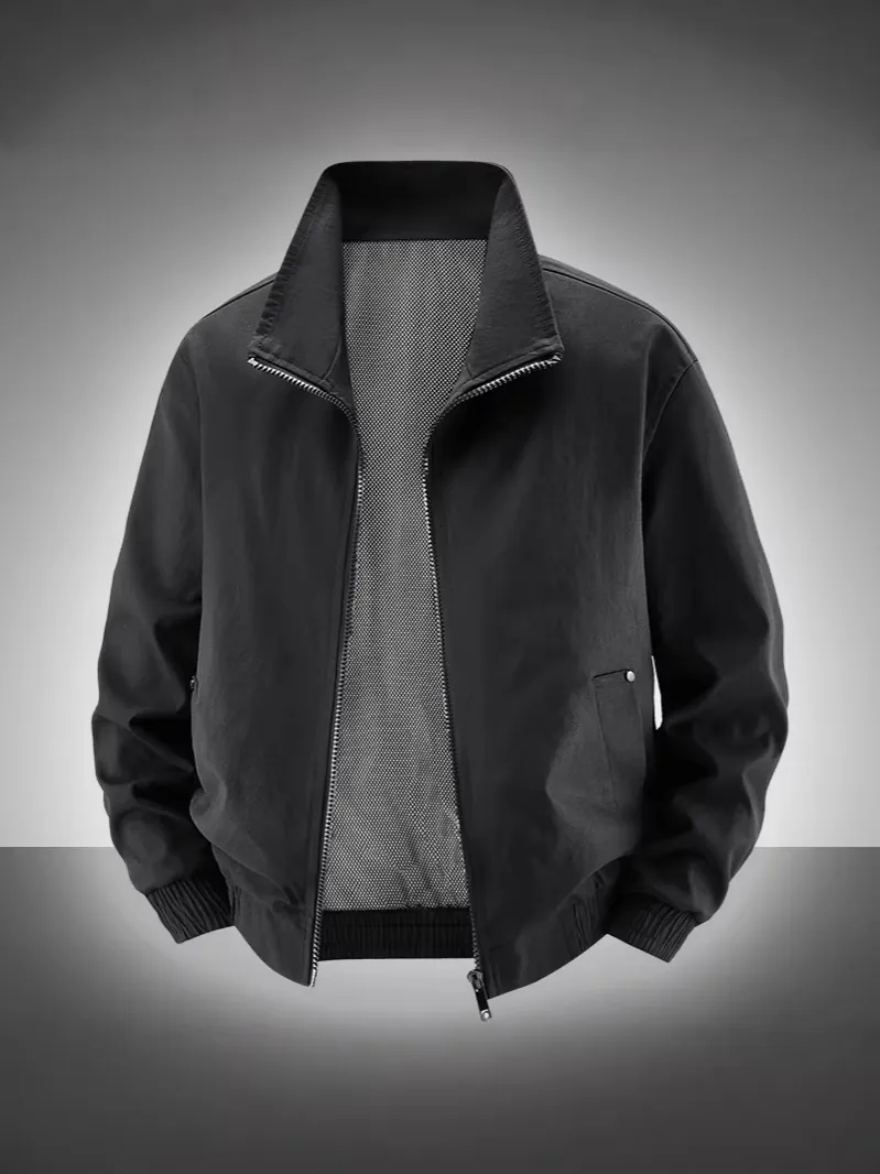 Men's Casual Flight Jacket Stand Collar Zip Up Windproof Bomber Outerwear With Breathable Mesh Lining Multi Pockets Solid Style