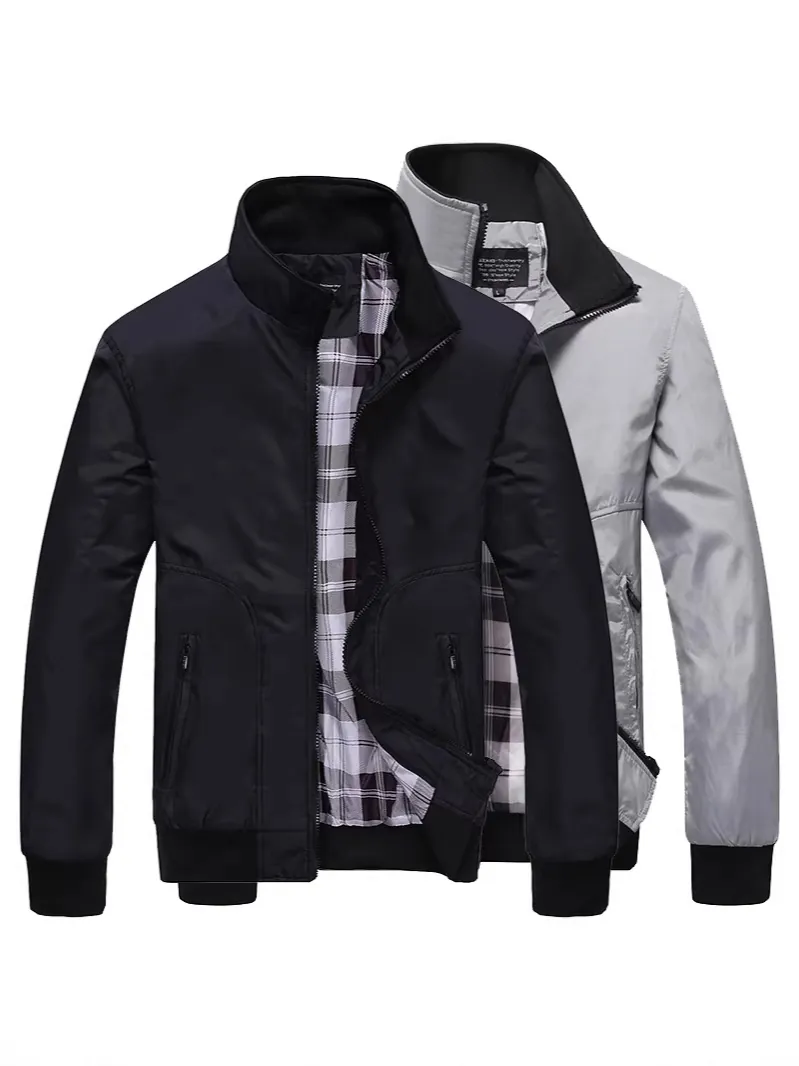 Men Casual Stand Collar Jacket Windproof Polyester Bomber Coat With Plaid Lining Ribbed Trim Outerwear For Spring Autumn