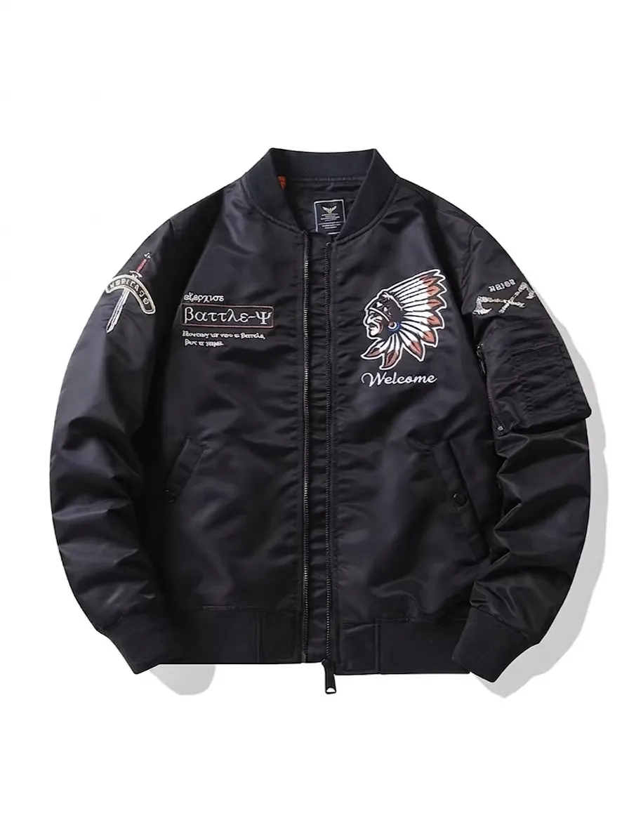 Blouson d'Aviateur MA-1 pour Hommes Coupe-vent en Nylon Broderie Lourde Chef Indien Bomber Style Militaire Rétro Manteau