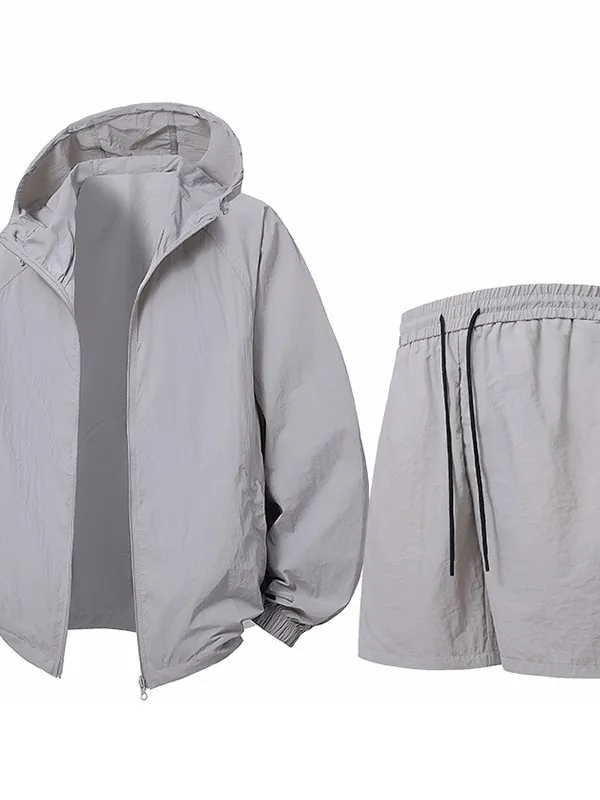 Men Sun Protection Clothing 100% Nylon Quick Dry UPF 50+ Hooded Windbreaker And Athletic Shorts For Casual Outdoor Cycling Sports