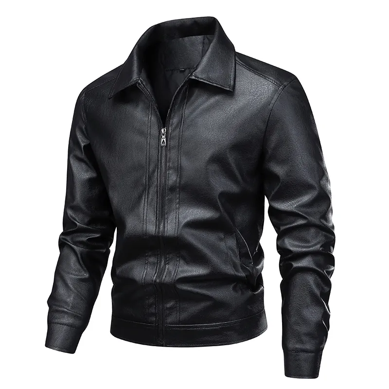 Men Casual PU Leather Jacket Lapel Collar Slim Fit Windproof Solid Color Zipper Coat For Spring Autumn Urban Outerwear
