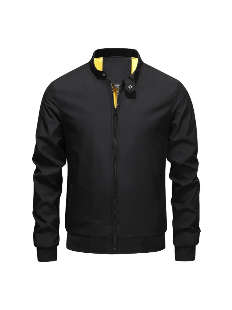 Men Stand Collar Bomber Jacket Solid Color Casual Lightweight Windproof Outerwear Full Zip Pocket Coat For Spring Autumn