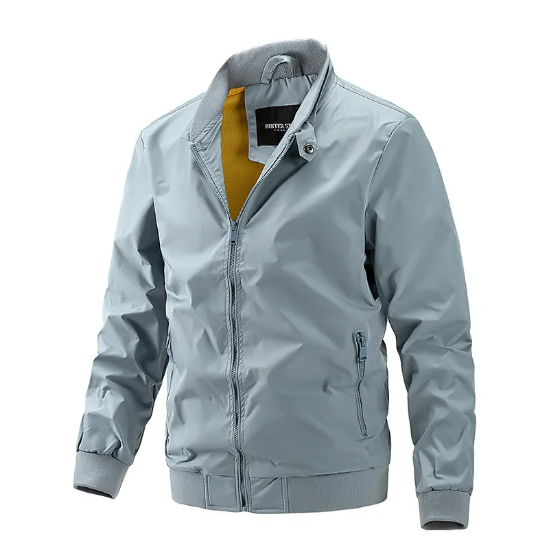 Men Stand Collar Bomber Jacket Lightweight Windbreaker With Contrast Mesh Lining Casual Zip Up Outerwear Ribbed Cuffs Coat