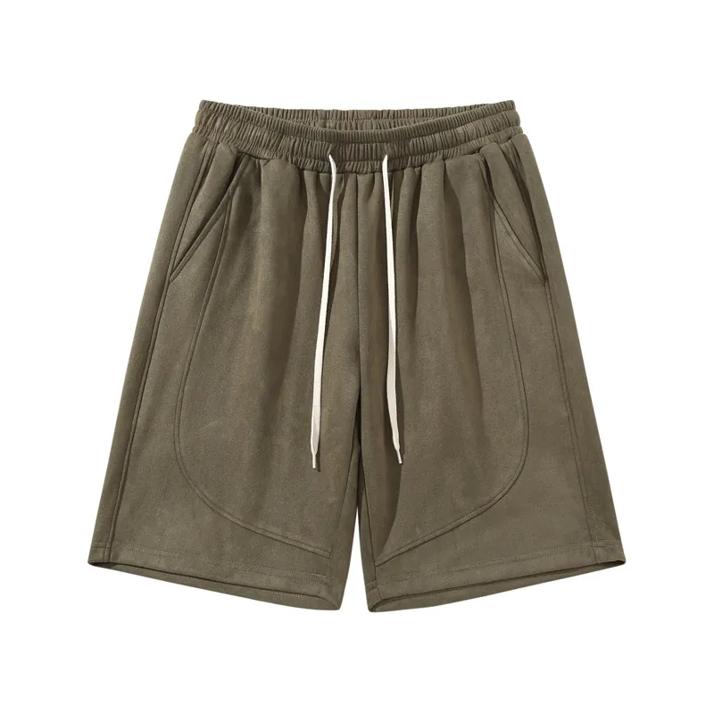 Men Casual Shorts 100 Polyester Breathable Elastic Drawstring Waist Splicing Design Solid Color Fashion Summer Shorts