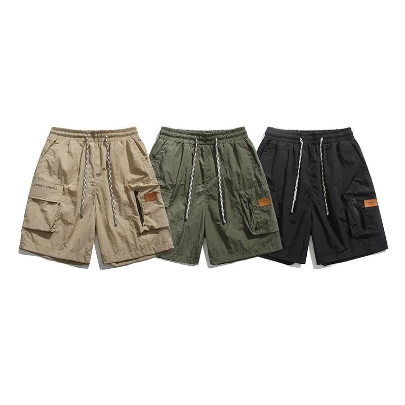 Men's Cargo Shorts Lightweight Nylon Fabric Elastic Drawstring Waist Multi Pockets Casual Summer Outdoor Streetwear Style