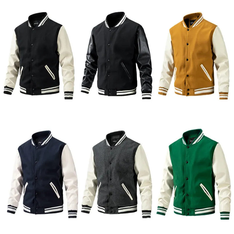 Men's Varsity Jacket American Retro Woolen Coat With PU Leather Sleeves Striped Ribbed Trim Snap Button Quilted Lining Casual Fashion Outwear