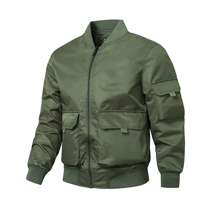 Men's Casual Bomber Jacket Lightweight Windbreaker Flight Coat With Multiple Pockets Ribbed Trim Outdoor Workwear Jacket