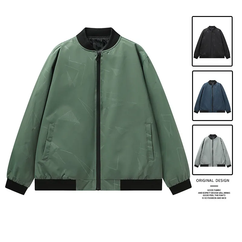 Men Casual Bomber Jacket 100% Polyester Geometric Triangle Print Stand Collar Zipper Windproof Coat For Daily Wear