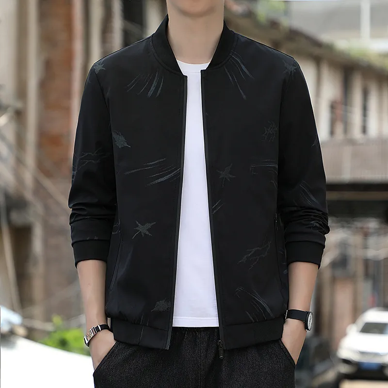 Men Casual Bomber Jacket Polyester Windproof Stand Collar Maple Leaf Print Zip Up Outerwear For Spring Autumn Streetwear