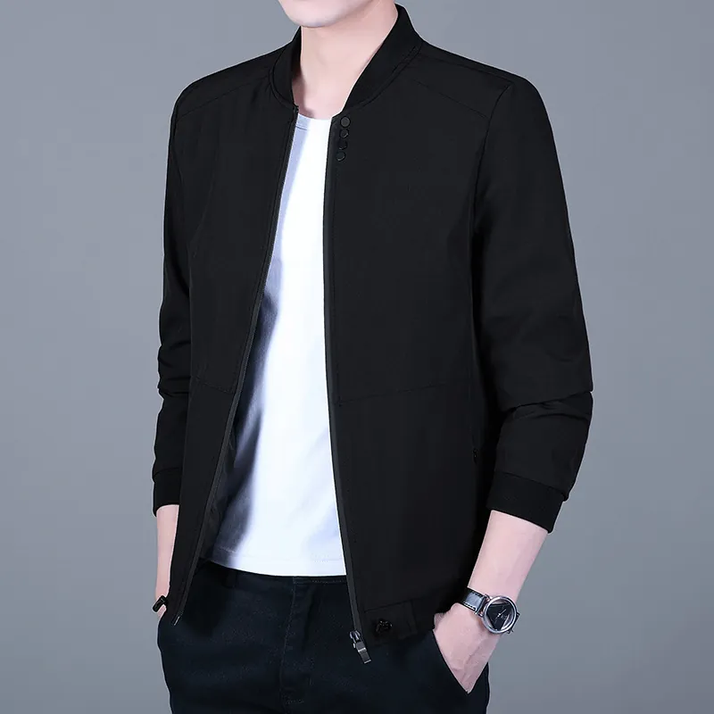 Men Casual Lightweight Bomber Jacket Windproof Polyester Stand Collar Outerwear Coat With Ribbed Trim For Spring Autumn Daily