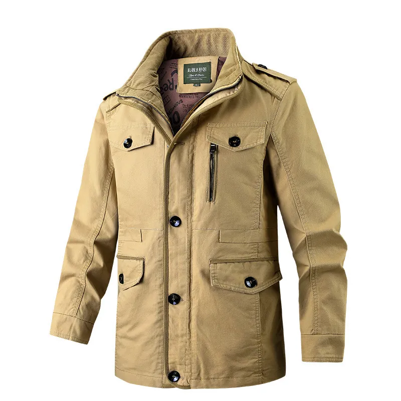 Men's Mid-Long Cotton Cargo Jacket With Multi-Pocket Stand Collar Casual Windbreaker Plus Size Workwear Outerwear Coat