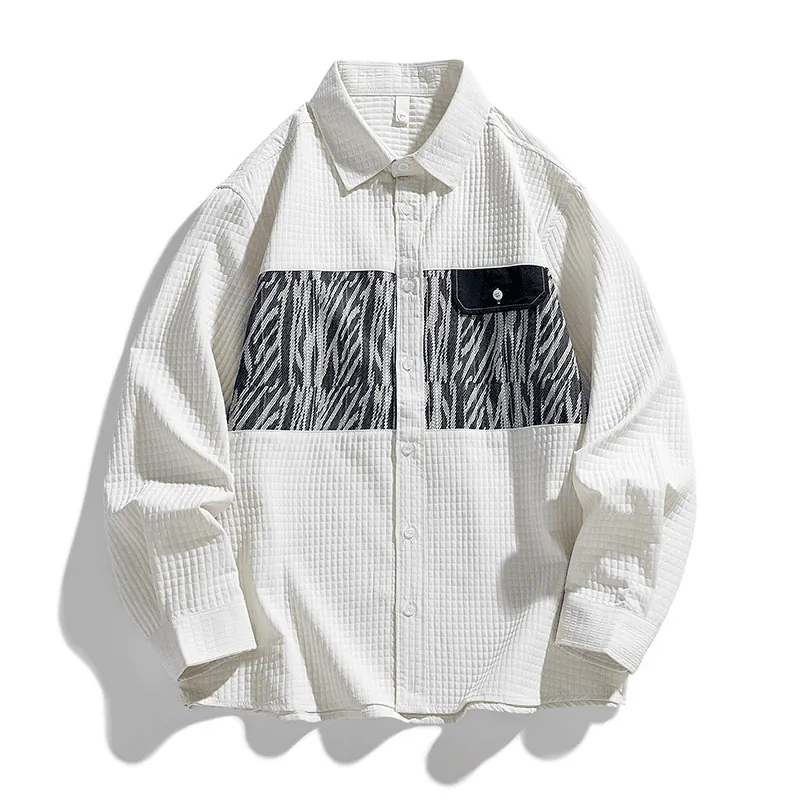 Men Casual Shirt Long Sleeve Waffle Texture Patchwork Zebra Print Urban Streetwear Loose Button Down Polyester Top