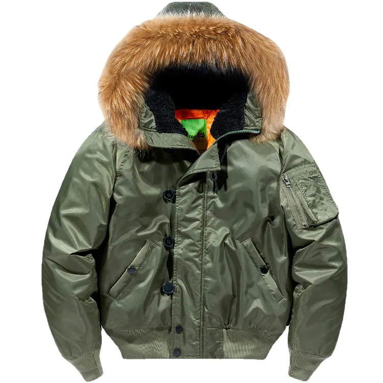 Men's MA-1 Flight Jacket Winter Thickened Padded Bomber Coat With Detachable Fur Collar Windproof Military Outerwear Jacket