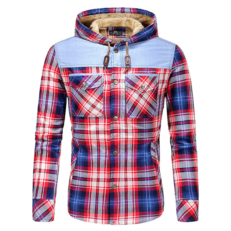 Men's Fleece Lined Hooded Plaid Shirt Jacket Thick Cotton Warm Winter Casual Button Down Long Sleeve Top With Pockets