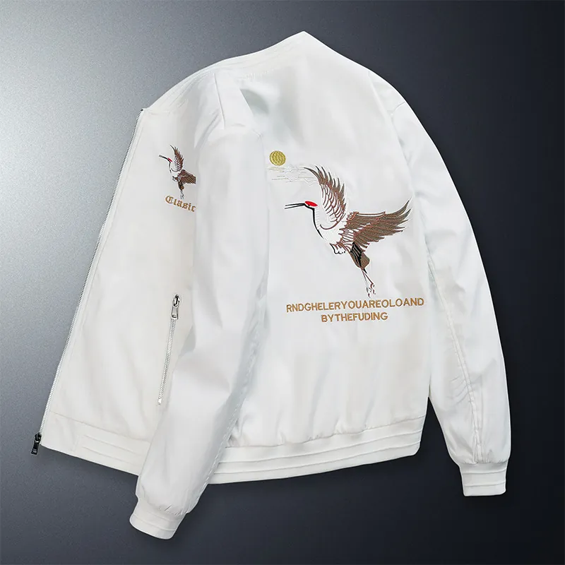 Giacca Bomber Casual da Uomo in Poliestere con Ricamo Gru Moda Collo Alto Cerniera Vestibilità Slim Antivento Termica