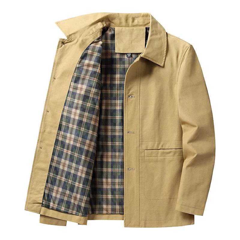 Men Washed Cotton Workwear Jacket Classic Lapel Single Breasted Casual Outdoor Windbreaker Outerwear Coat For Men