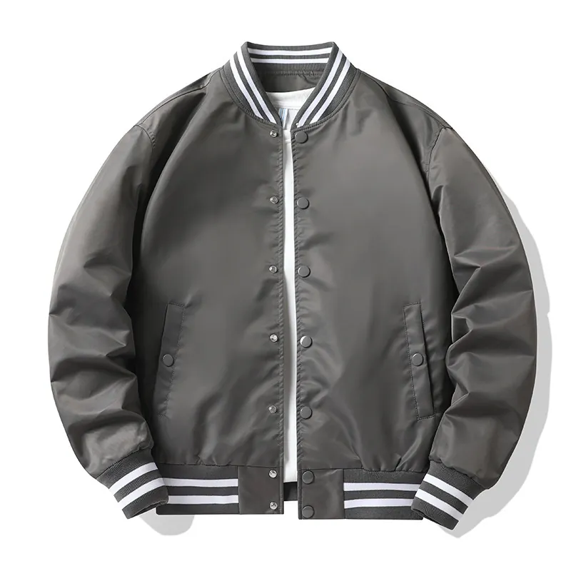 Men Casual Bomber Jacket Polyester Striped Rib Stand Collar Flight Outerwear Snap Button Loose Baseball Uniform Coat For Men