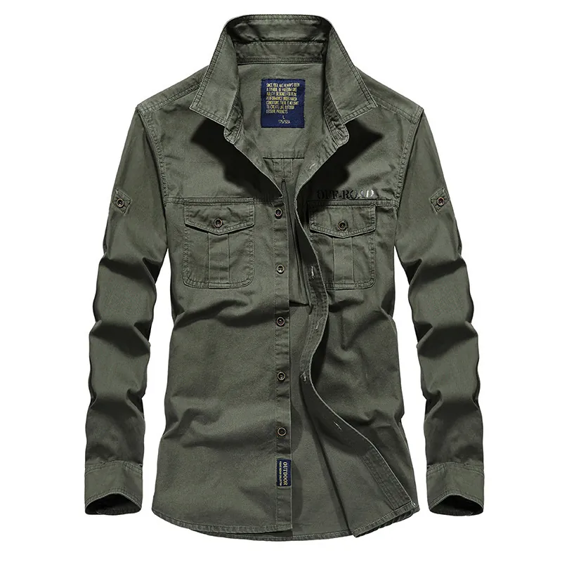 Men 100% Cotton Long Sleeve Military Work Shirt Casual Outdoor Tactical Cargo Top With Double Chest Pockets Solid Color Turn-down Collar Shirts For Men