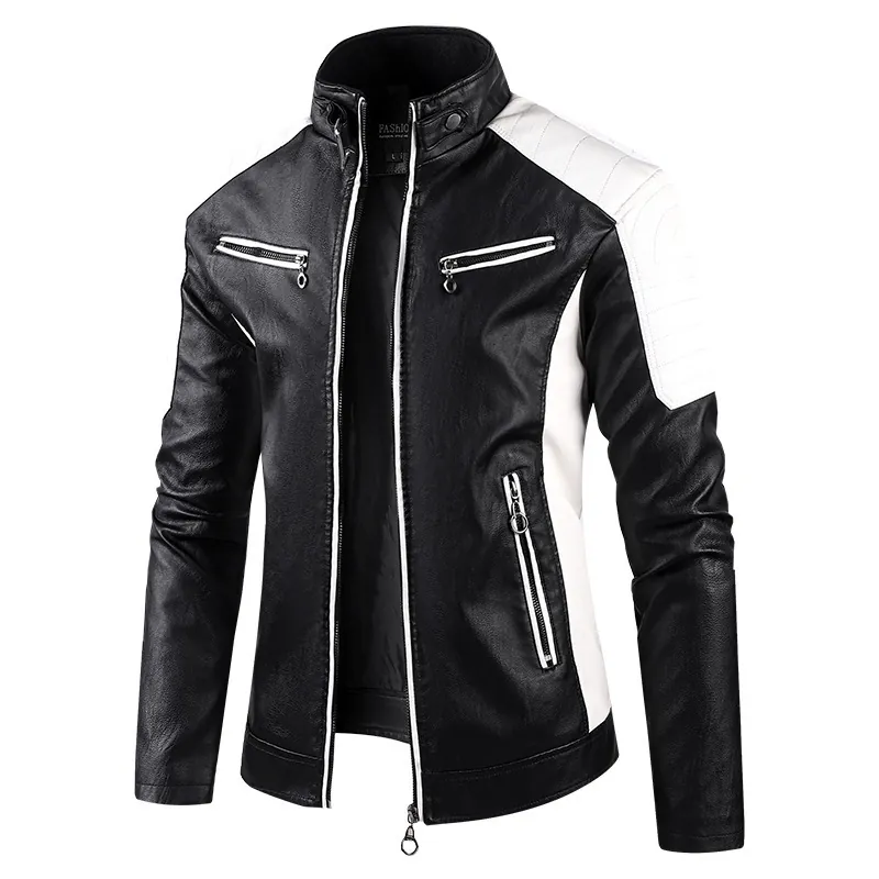 Herren Urban Rock PU Lederjacke Stehkragen Farbblock Reißverschluss Motorrad Bikerjacke Mit Polyesterfutter Oberbekleidung
