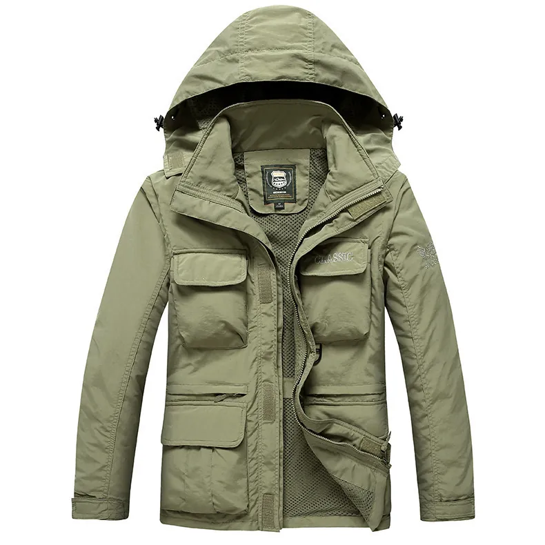 Men Outdoor Waterproof Windbreaker Jacket Detachable Sleeves Hooded Mesh Lining Performance Workwear Coat With Multiple Pockets