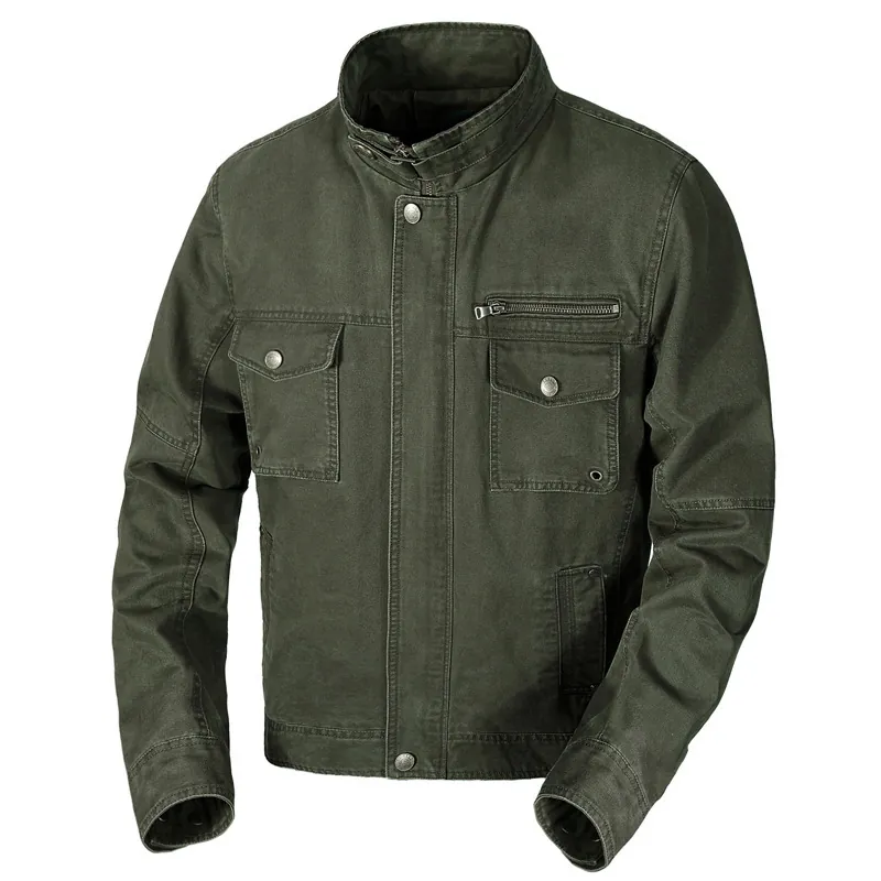 Veste Militaire Homme 100% Coton Col Montant Multi Poches Veste Safari Délavée Décontractée Rétro Manteau Printemps Automne