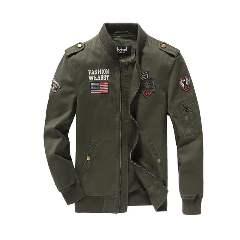 Mens Cotton Flight Jacket Military Bomber Coat With Shark Embroidery Slim Fit Stand Collar Spring Autumn Outwear For Men