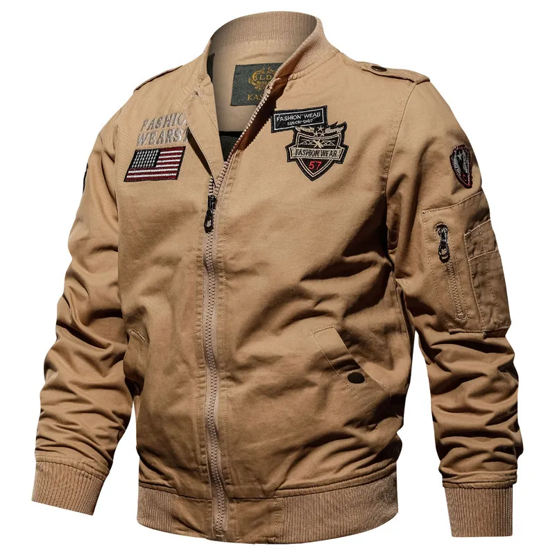 Men's Military Bomber Jacket Pure Cotton Tactical Air Force Flight Coat Casual Outerwear With Embroidery Patches Ribbed Trim