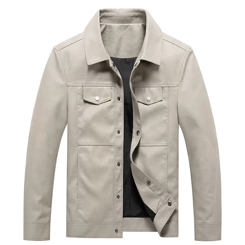 Men PU Leather Jacket Multi Pocket Faux Leather Moto Biker Coat Lapel Snap Button Solid Color Outerwear For Casual Daily