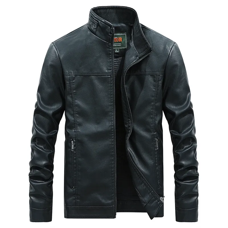 Veste en Cuir PU pour Hommes Col Montant Style Locomotive Coupe-Vent Décontracté Survêtement pour Hommes Couleur Unie Manteau de Moto