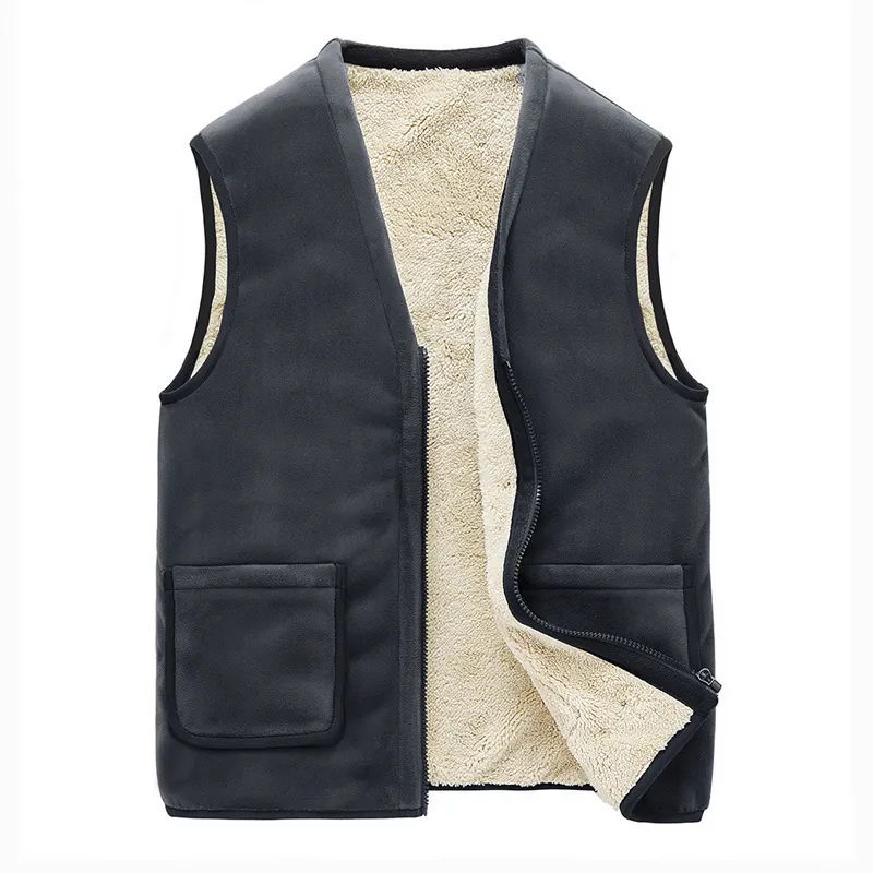 Men's Thermal Vest Fleece Lined Thickened Warm Windproof Sleeveless Classic Solid Color V Neck For Men Zipper With Pockets