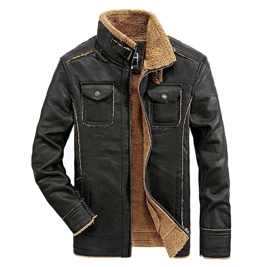 Men's Vintage PU Leather Jacket Fleece Lined Motorcycle Style Stand Collar Multi-Pocket Thickened Warm Outerwear Winter Coat