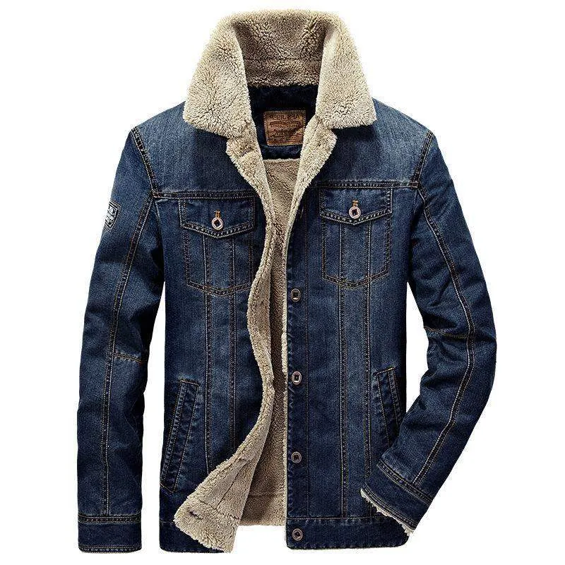 Men Sherpa Lined Denim Jacket Thick Warm Cotton Blend Winter Coat Lapel Collar Button Down Multi Pockets Vintage Casual