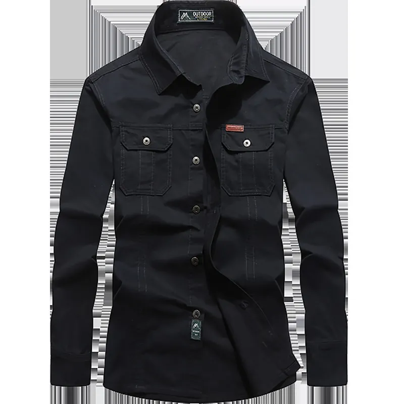 Men Cotton Cargo Long Sleeve Shirt Outdoor Casual Utility Work Shirt With Double Pockets Turn-down Collar Solid Color