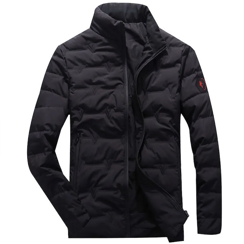Men Stand Collar Down Jacket Thick Warm Winter Puffer Coat V-Shaped Quilting Windproof Outerwear Casual Thermal Black Jacket