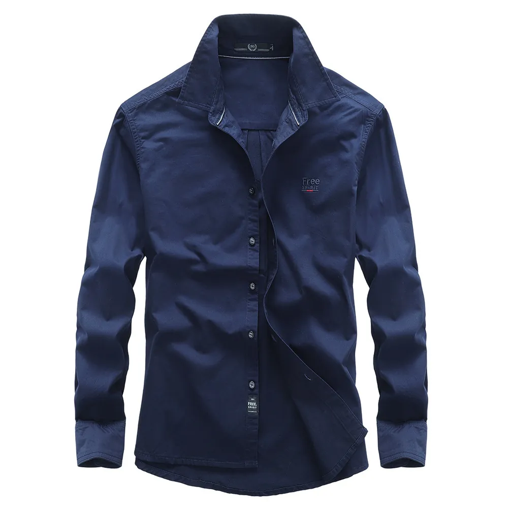 Chemise Décontractée en Coton à Manches Longues pour Hommes Col Rabattu Broderie Couleur Unie Style Cargo Hauts pour Hommes