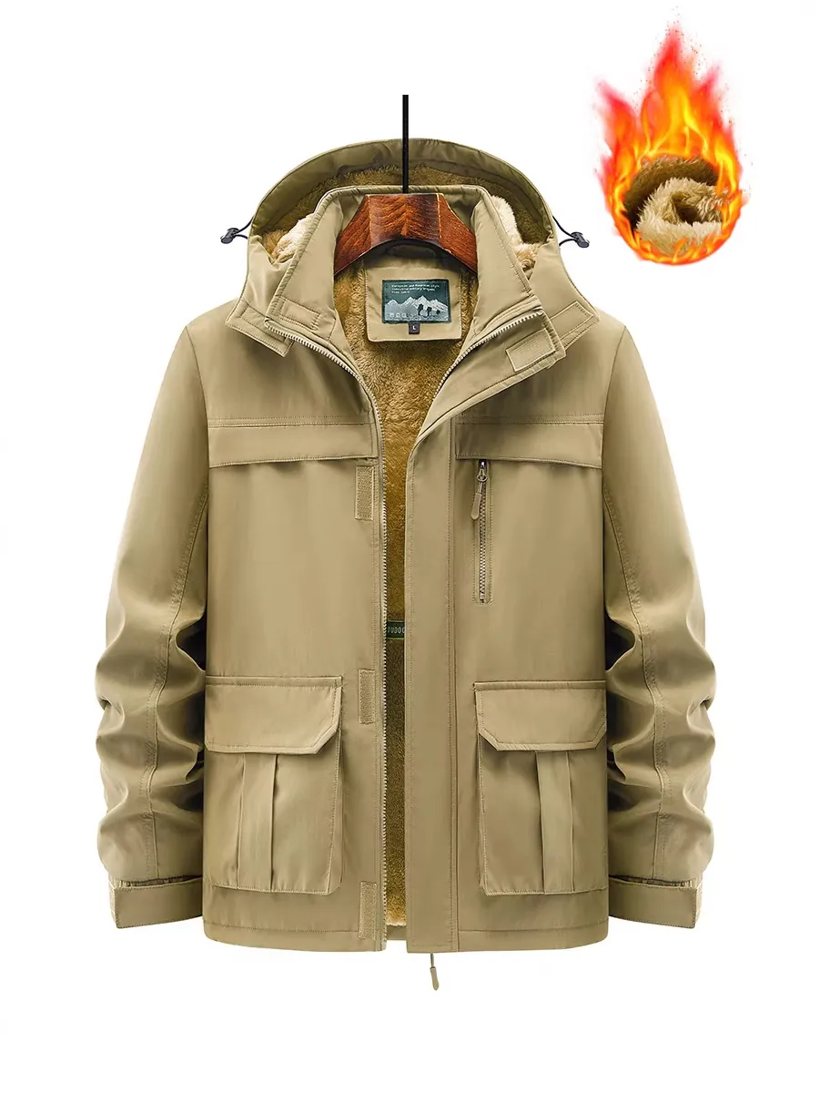 Giacca Invernale con Cappuccio da Uomo Esterno in Nylon Antivento Spessa Calda Foderata in Pile Tattica Taglie Forti Cappotto Imbottito