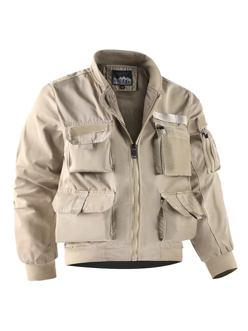 Men Tactical Bomber Jacket Windproof Warm Outdoor Functional Coat Multi Pockets Stand Collar Ribbed Cuffs Casual Cargo Style
