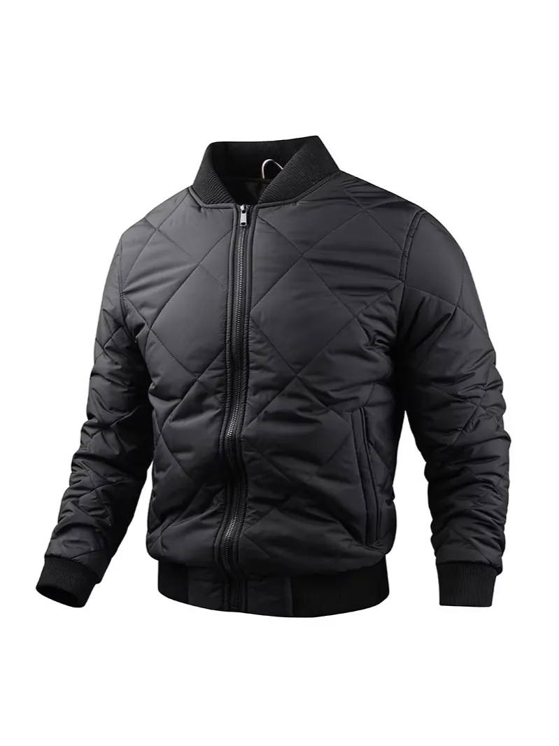 Men Quilted Bomber Jacket Standing Collar Winter Warm Windproof Padded Coat Solid Color Casual Fashion Outdoor Outerwear Top