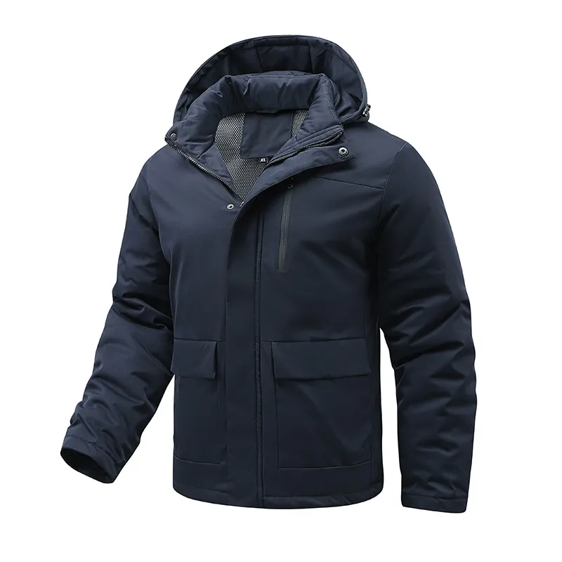 Men's Hooded Puffer Jacket Windproof Thickened Winter Coat Mid-Length Warm Outdoor Outerwear Solid Color Male Clothing