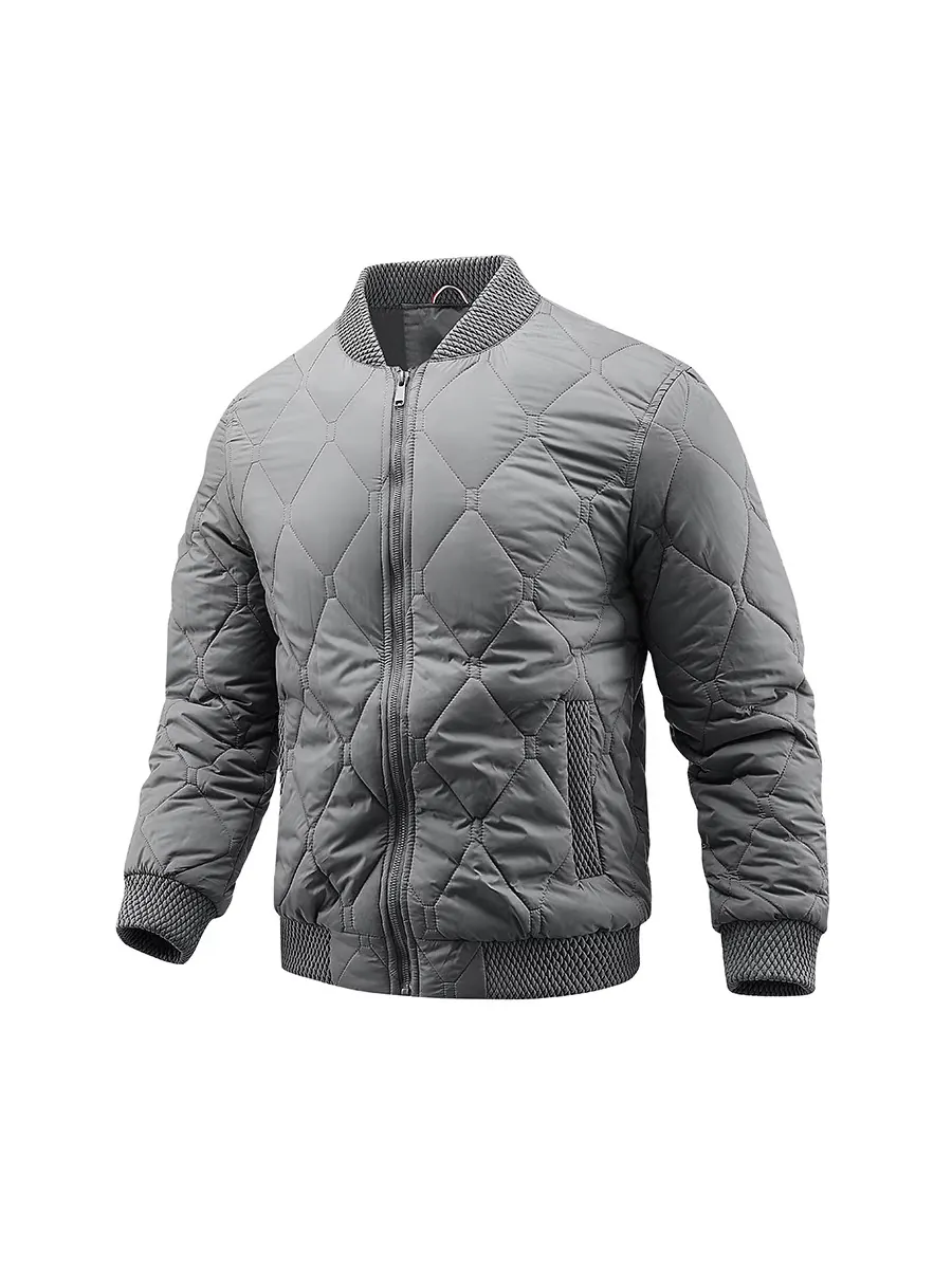 Men's Quilted Bomber Jacket Stand Collar Diamond Pattern Polyester Thermal Casual Loose Fit Zip Up Outerwear For Winter Autumn