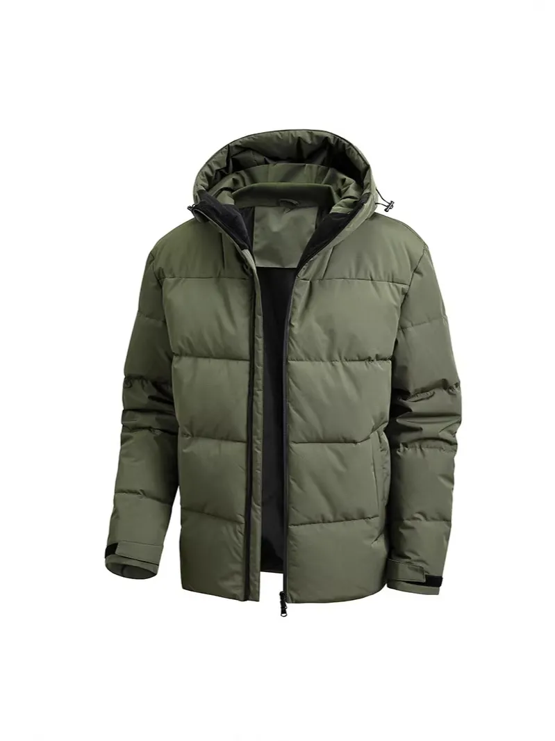 Men's Hooded Quilted Puffer Jacket Winter Warm Windproof Cotton Padded Casual Outerwear Thickened Zip Up Coat With Pockets