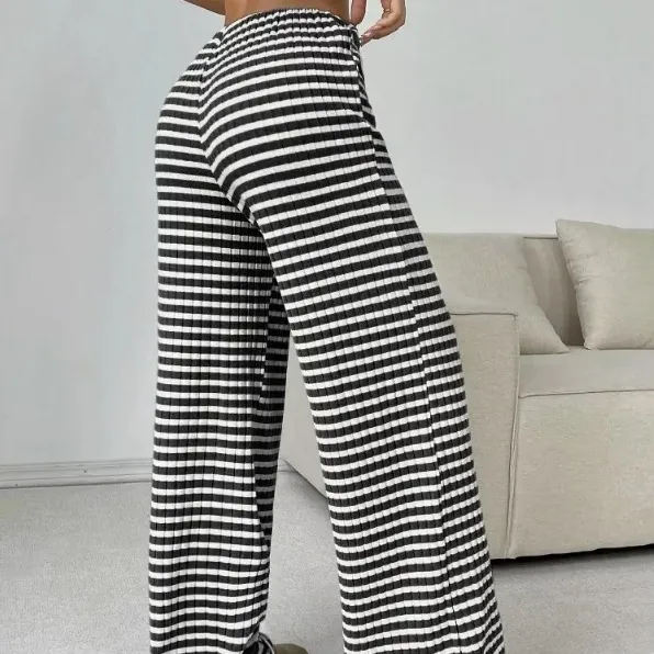 Women Casual High Waist Wide Leg Pants Striped Ribbed Knit Fabric Drawstring Loose Straight Trousers For Daily Home Wear
