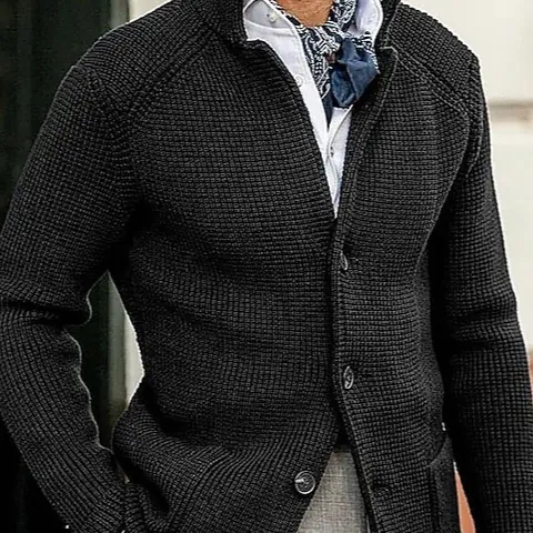 Men Waffle Knit Cardigan Jacket Stand Collar Button Down Sweater Casual Warm Long Sleeve Knitted Outerwear Fashion Autumn Coat