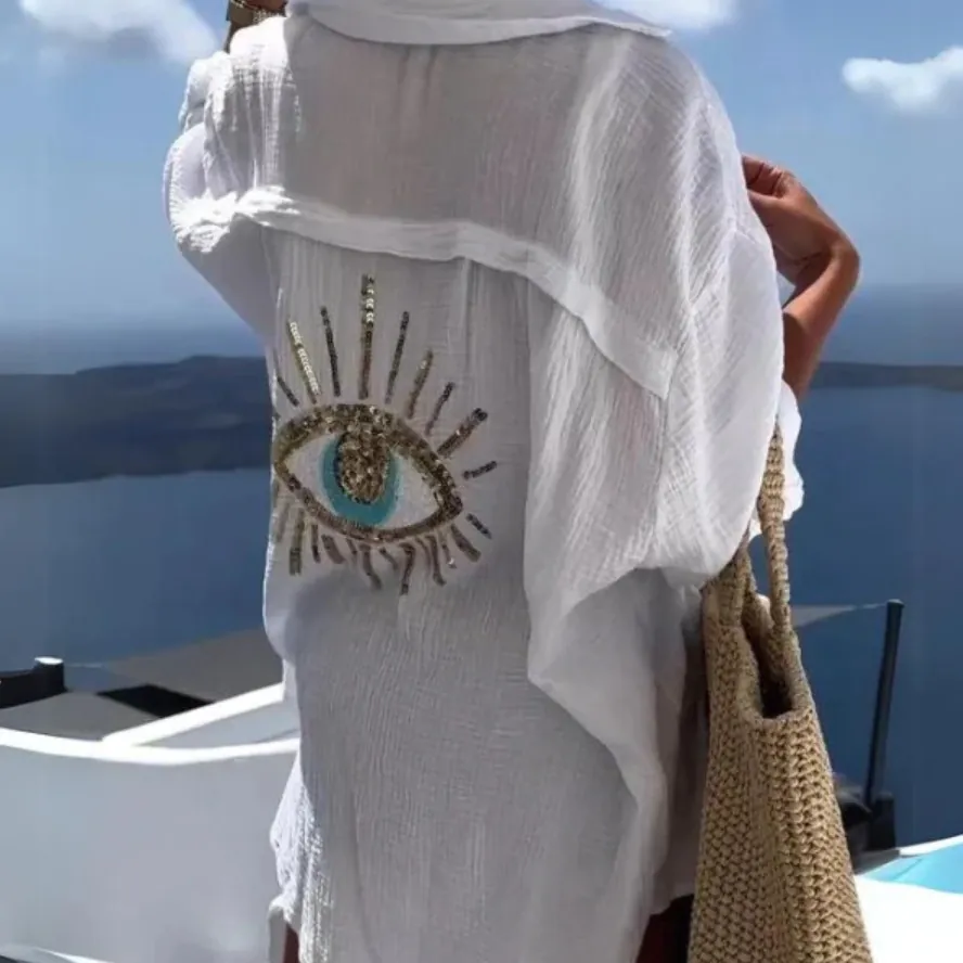 Women Evil Eye Sequin Embroidery Shirt Bohemian Beach Cover-up Loose Fit Lapel Long Sleeve Breathable Vacation Blouse